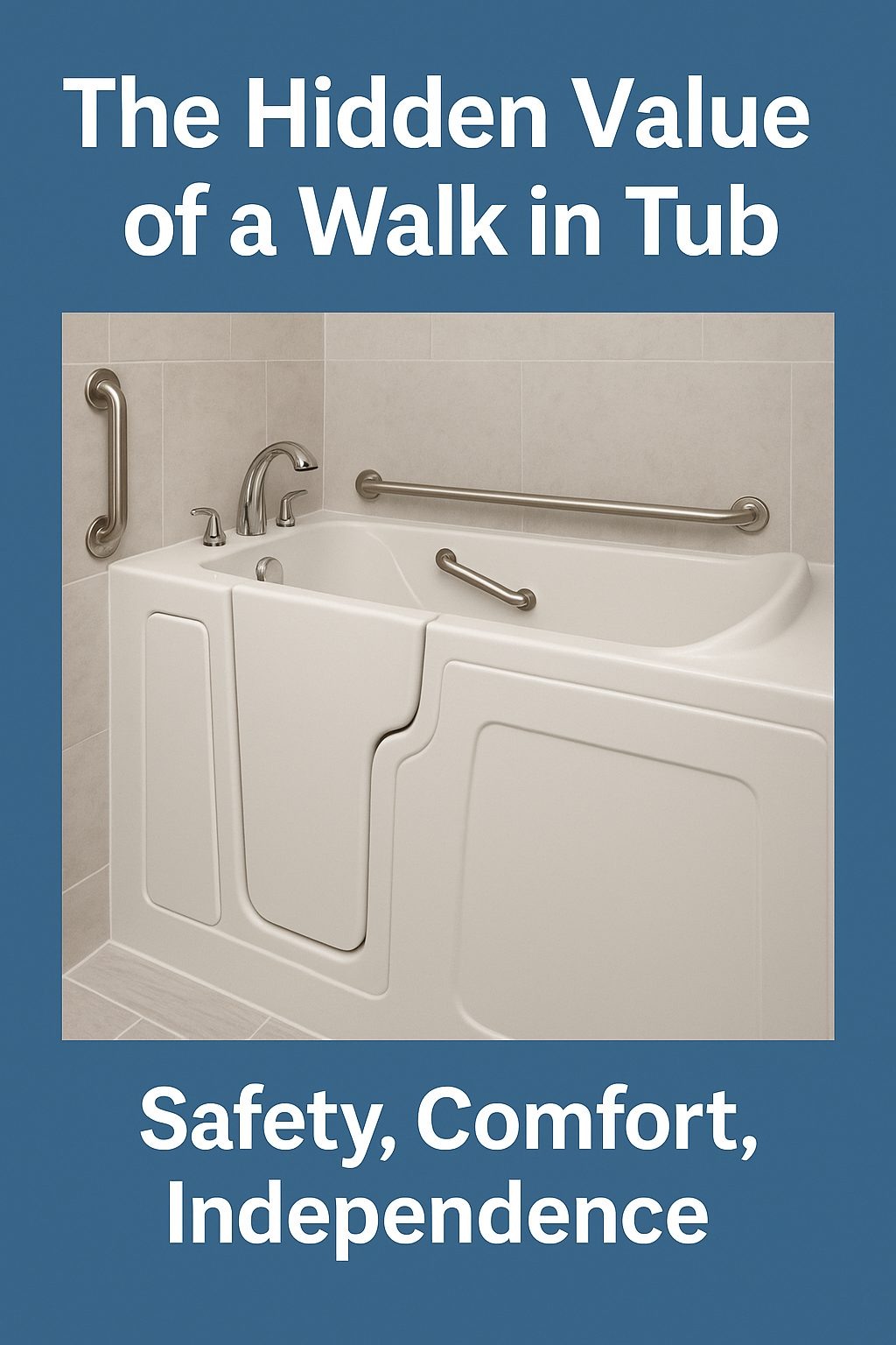 Walk in tub with door, built in seat, and grab bars for safe bathing