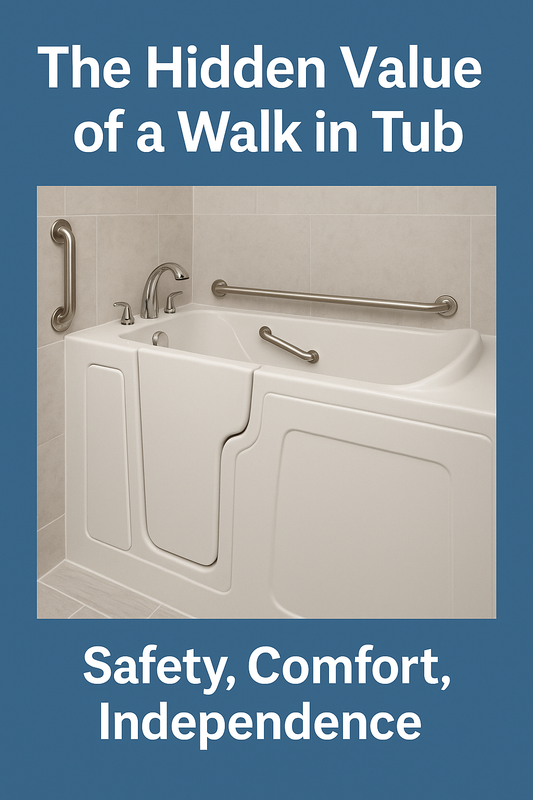 Walk in tub with door, built in seat, and grab bars for safe bathing